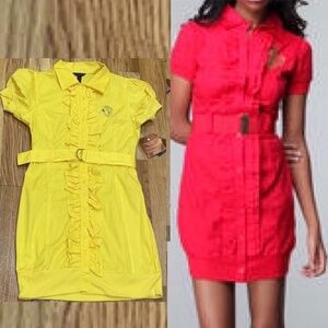 NEW Dereon  Yellow Y2K  belted poplin ruffle  button down dress mini M